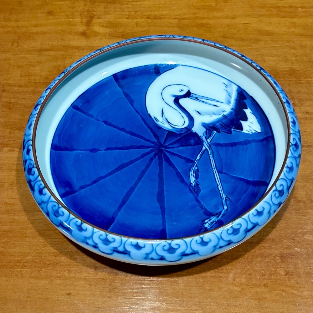Vintage Japanese Blue and White Ceramic Plate with Crane Design